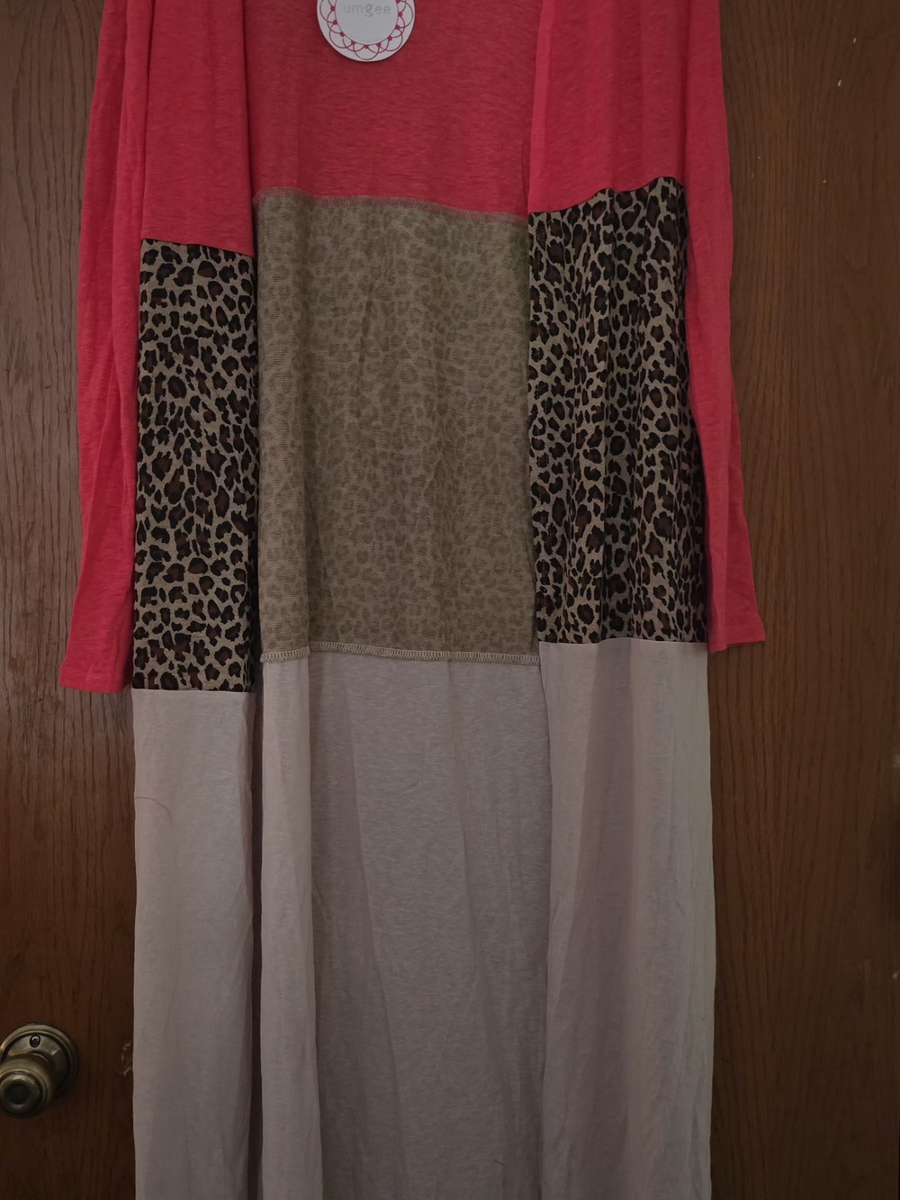 Umgee Coral and Beige Colorblock Leopard Maxi Sweater Cardigan